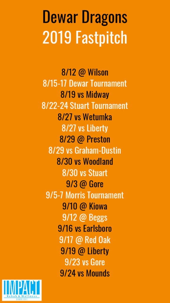 Dewar Dragons 2019 fastpitch schedule with orange background